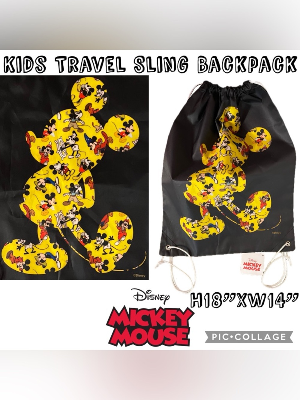Disney Mickey Mouse Silhouette Kids Travel Sling Backpack H18”xW14”